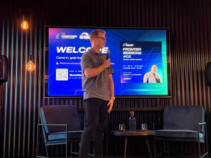 Frontier Sessions #02, Tallinn &mdash; welcome from the stage at the Glazeworks Office